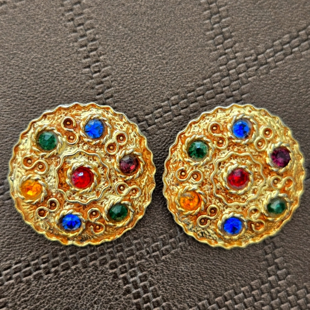 Vintage Etruscan Style 1950s LARGE Gold Tone Multicolor Crystals Earrings